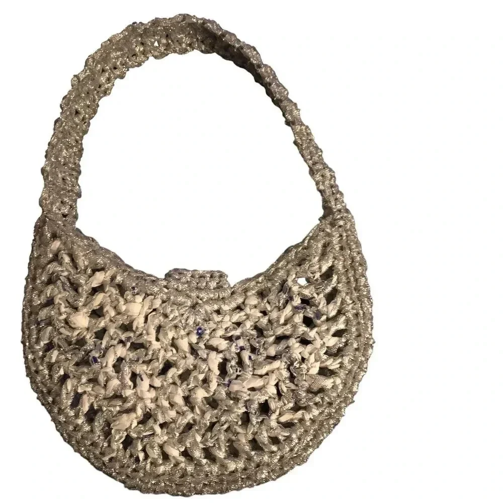 Celestial Moon Handbag Purse Metallic Silver Small Shoulder Crochet Astrology